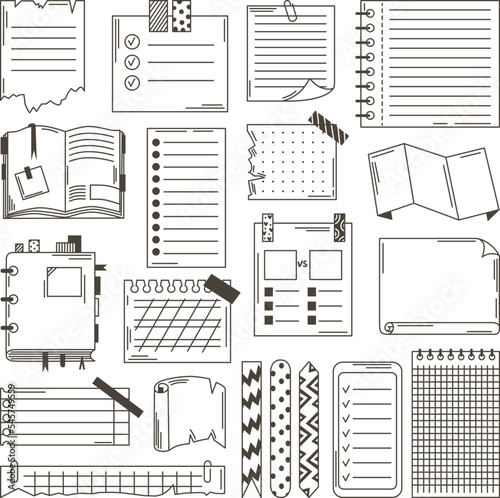 Paper notes doodle set. Sketching diary or planner elements. Journal sheets, planner decorative stickers. To do list with tapes, neoteric vector decor kit