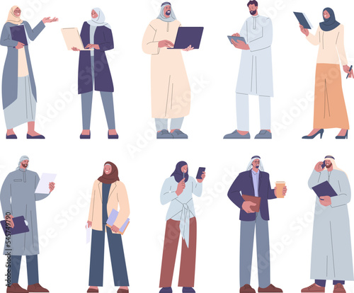 Arab business characters. Muslim boss, arabic female and male office workers. Flat diverse businessman, businesswoman saudi kicky vector set