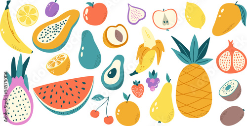 Doodle color fruits organic. Isolated trendy ingredients, mango, sweet strawberry. Health fruit, dessert food fresh market. Snugly vector pear, apple, grape, orange