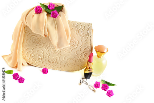 Elegant handbag, lipstick and perfume isolated on white . Free space for text.