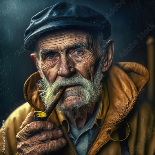 Leinwand Poster portrait of an old sailor fisherman hat rain jacket wood pipe, generative ai