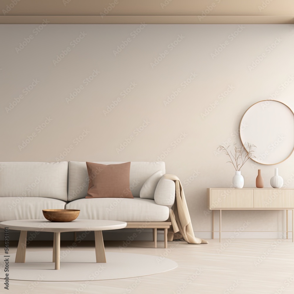 Interior wall mockup with soft minimalist living room in warm beige ...