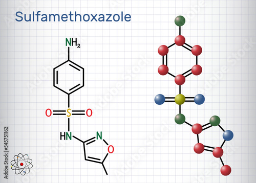 Sulfamethoxazole, SMZ, SMX molecule. It is sulfonamide antibiotic, used for bacterial infections. Structural chemical formula, molecule model. Sheet of paper in a cage