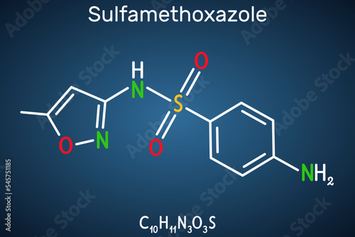 Sulfamethoxazole, SMZ, SMX molecule. It is sulfonamide antibiotic, used for bacterial infections. Structural chemical formula on the dark blue background photo