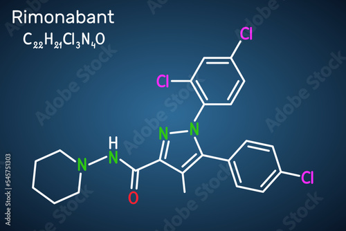 Rimonabant molecule. It is anorectic anti-obesity drug. Structural chemical formula on the dark blue background