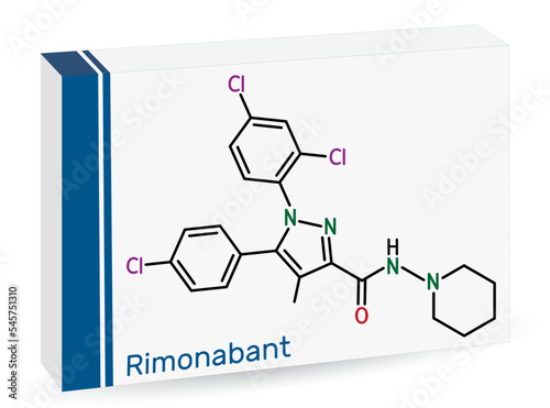 Rimonabant molecule. It is anorectic anti-obesity drug. Skeletal chemical formula. Paper packaging for drugs