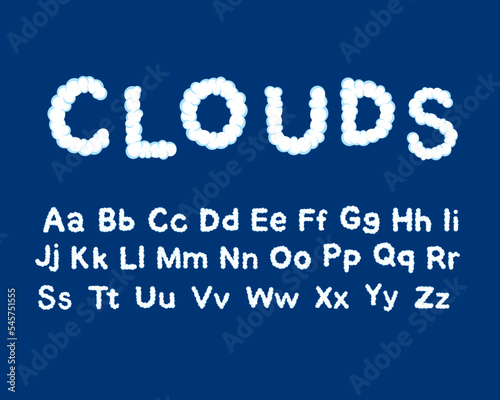 Kids cloud font, english alphabet letters. ABC of white clouds in blue sky. Lowercase and uppercase