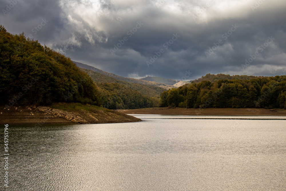 Irabia reservoir in the Irati Forest, a paradise in autumn. Navarra Pyrenees, Spain