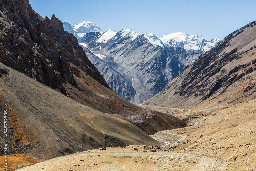 Aerial panoramic view of Karakorum Highway not far from Pakistani-Chinese border. Mountainous landscape and the road. High mountains. Kunjirap Pass