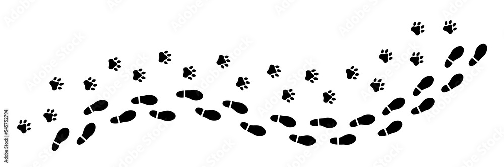 Fototapeta premium Two isolated black footprint trails (comics silhuoette shapes of a dog paw along with a human shoe), going from the left to the right (horizontal orientation). 