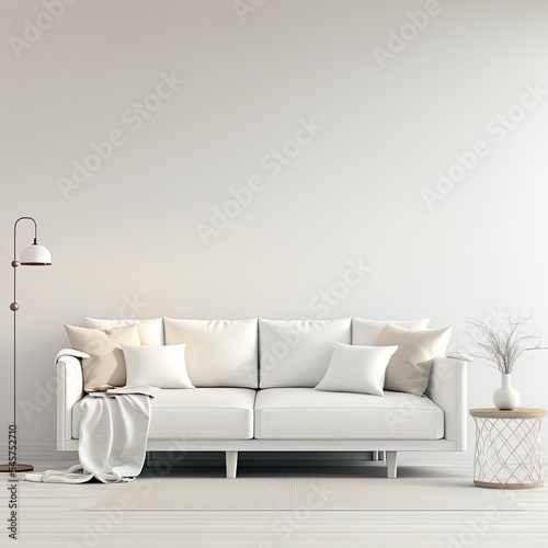 Modern living room interior. Interior mockup. The white couch near empty white wall. 3d render.