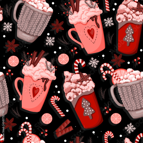 Wrapping paper with Christmas cups. Hot winter drink with marshmallows and cream. Cozy seamless pattern in hygge style. Christmas ornament