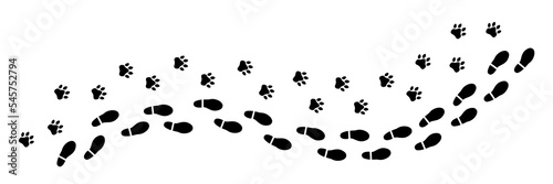Two isolated black footprint trails (comics silhuoette shapes of a dog paw along with a human shoe), going from the left to the right (horizontal orientation).
