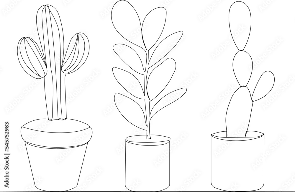 flowers in pots continuous line drawing, vector flowers in pots continuous line drawing, vector