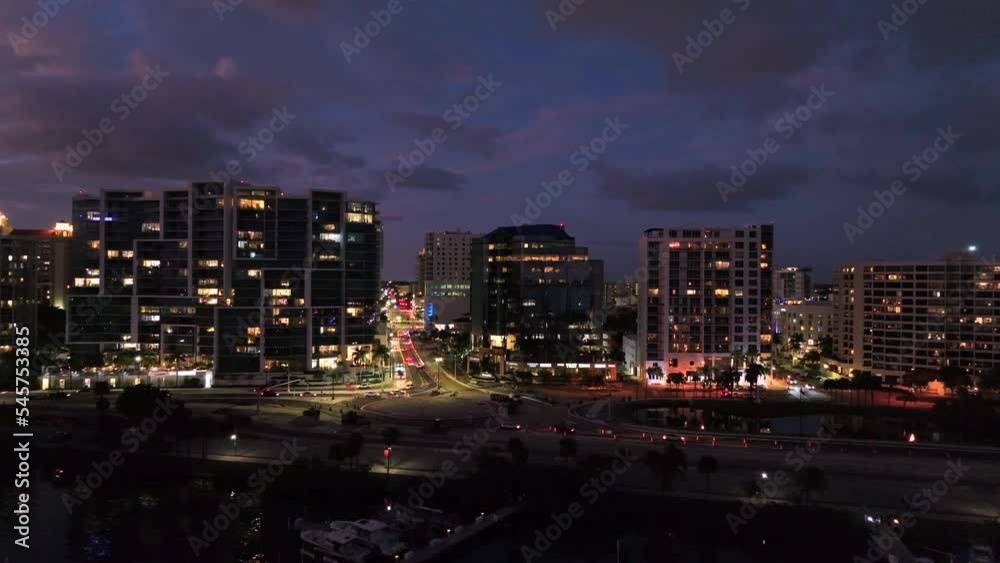 Sarasota Blue hour low altitude over Bayfront Marina Sarasota Blue hour low altitude over Bayfront Marina