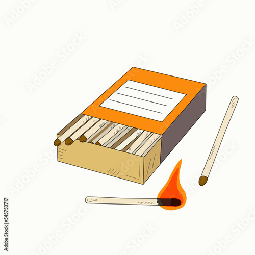 Matches, matchbox. Kitchen tool for making a fire. Burning match, fire. Vector graphics in doodle style with isolated background.	