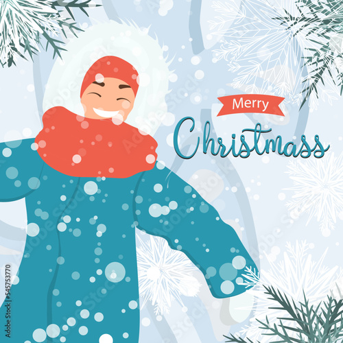 people spend time on the street in winter. Winter entertainment. Merry Christmas poster.