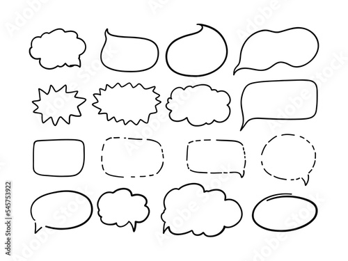 A hand-drawn collection of conversation elements, message boxes. Simple doodle sketch style. Vector illustration.