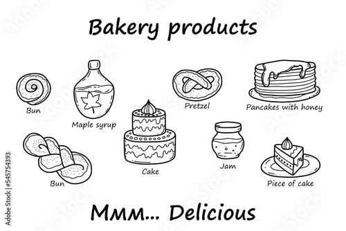 Hand-drawn buns, baking bakery elements, delicious pies and cakes, a simple sketch in the style of doodles. Flat vector illustration.