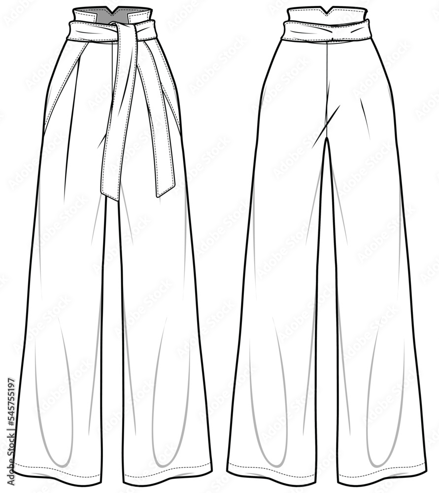 Women's belted wide leg flare pants trouser flat sketch fashion illustration front and back view
