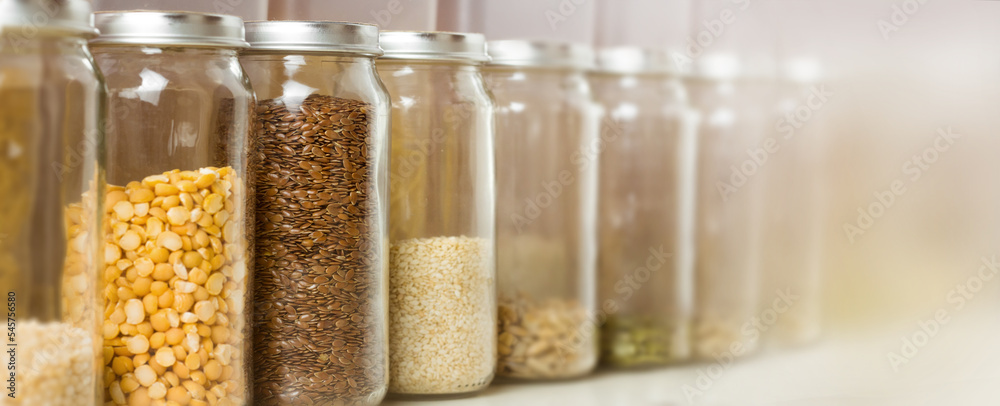 Zero waste shop. Glass jars. Horizontal banner Zero waste shop. Glass jars. Horizontal banner