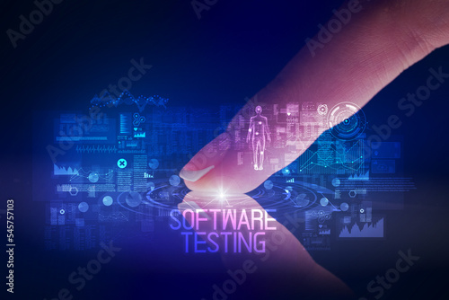 Finger touching tablet with web technology icons concept