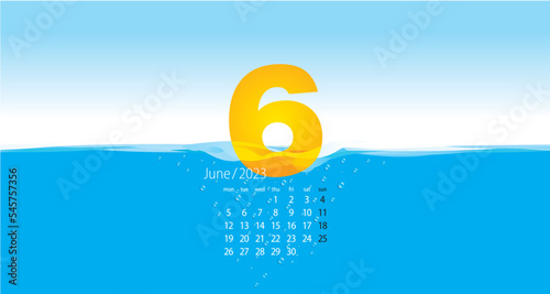 2023 New Desk Calendar 06 orange yellow month June template wave water blue background