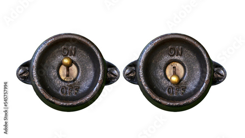 Antique steampunk style metal on-off switch in on and off position isolated PNG illustration on a transparent background	
