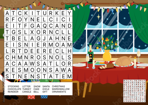 Christmas celebration word search game puzzle for kids. Cross words. Cartoon, vector