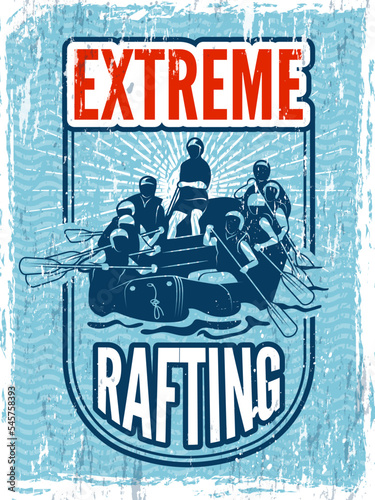Rafting poster. extreme outdoor adventure on mountain river. Vector placard template