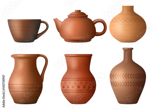 Clay pots. Hand made realistic authentic clay kitchenware collection cups pots and kettles decent vector set