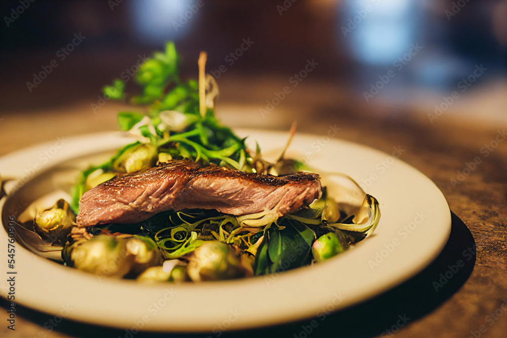 Vertical shot of Delicious tasty duck served with fried sprouts 3d illustrated Vertical shot of Delicious tasty duck served with fried sprouts 3d illustrated