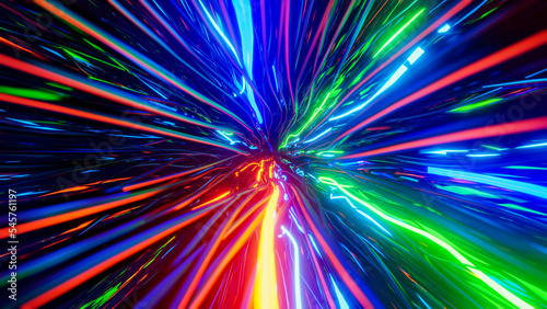 Flying inside multicolored optical cables. 3D rendering illustration.
