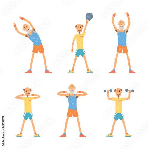 Senior and Mature Man Doing Physical Exercises Stretching Body and Strengthen Muscles Vector Set