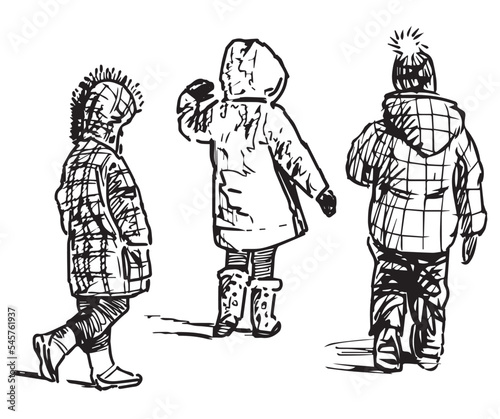 Sketch of casual small children walking along street