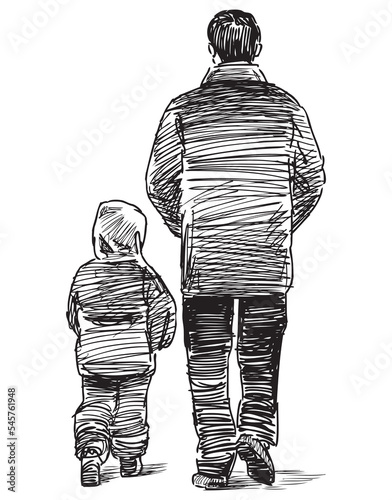 Sketch of casual townsman with little child walking together outdoors
