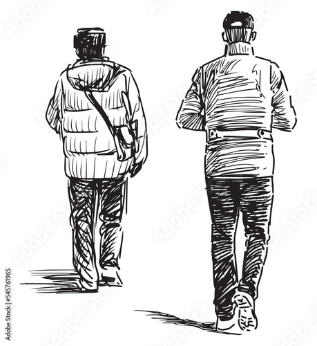 Sketch of casual townsmen walking along street