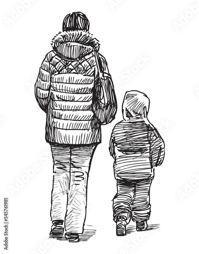 Sketch of casual townsman with little child walking together outdoors