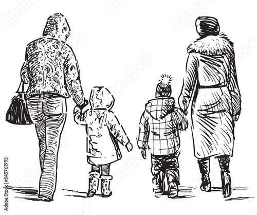 Sketch of casual townswomen with children walking outdoors