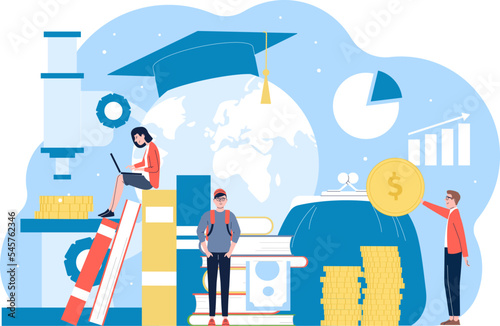 Finance investments in knowledge, learning for money. Leader graduate, people reading books and study online course. Scholarship recent vector scene