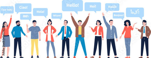 Greeting in native languages. Friendly multilingual people, diverse students communication. Welcome hello from foreigner, multicultural recent vector characters