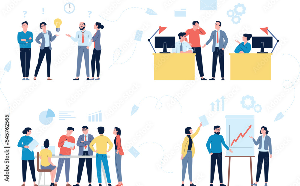 Office managers workflow concept. Business people corporate group find solutions, working network process. Cartoon flat businessmen recent work together vector scenes Office managers workflow concept. Business people corporate group find solutions, working network process. Cartoon flat businessmen recent work together vector scenes