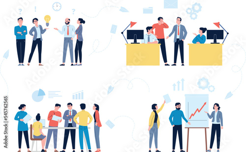 Office managers workflow concept. Business people corporate group find solutions, working network process. Cartoon flat businessmen recent work together vector scenes