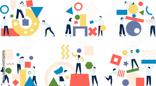 People collect colorful geometric shapes, team building and organize management. Abstract teamwork metaphor, business start up recent vector scenes