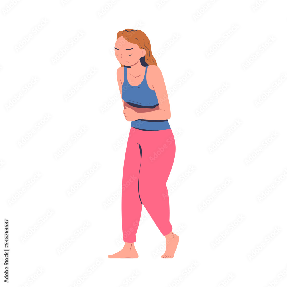 Girl suffering from stomach pain. Young woman feeling pain in body caused by illness or injury cartoon vector illustration Girl suffering from stomach pain. Young woman feeling pain in body caused by illness or injury cartoon vector illustration