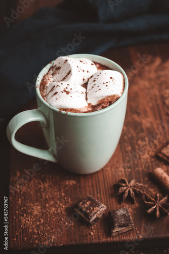Fototapeta Naklejka Na Ścianę i Meble -  Hot chocolate drink with marshmallow in a cup on wooden board, dark background