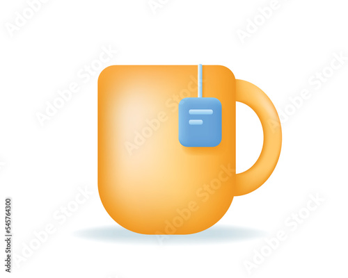 Yellow Cup of tea icon isolated on white background. Mug with tea bag. Tea time, breakfast concept. 3d vector illustration.
