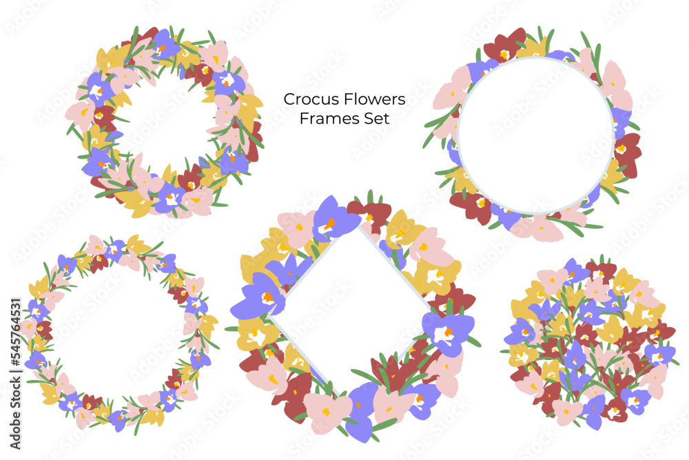 Romantic hand drawn crocus flowers wreaths set. Floral frames. Stock vector illustration. Romantic hand drawn crocus flowers wreaths set. Floral frames. Stock vector illustration.