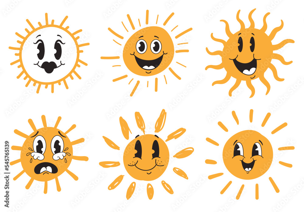 Sun cute retro style sunny cartoon face with different emotions design element concept illustration Sun cute retro style sunny cartoon face with different emotions design element concept illustration