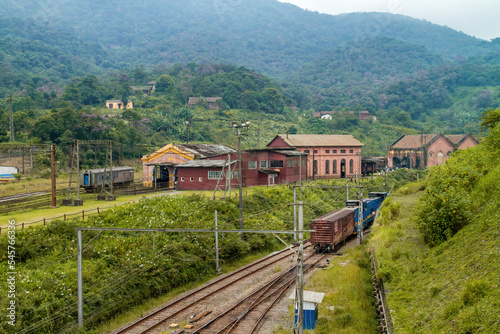 General view of the old railway station with old trains in Paranapiacaba, Sao Paulo, Brazil